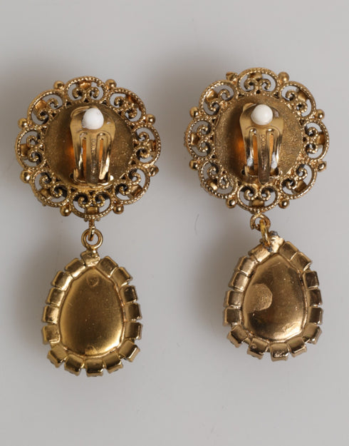 Dolce & Gabbana Gold Brass Crown Medallion Black Crystal Drop Clip On Earrings